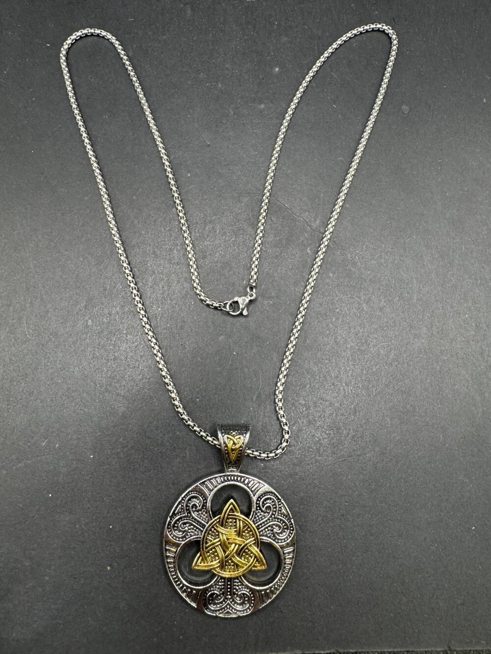 Vintage 1990 Large Heavy Celtic Silver Gold Tone Pendant Box Chain Necklace